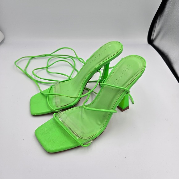 LILIANA Neon‎ Green Heels Wrap Around Straps Square Toe Stiletto Size 8 - Picture 1 of 9